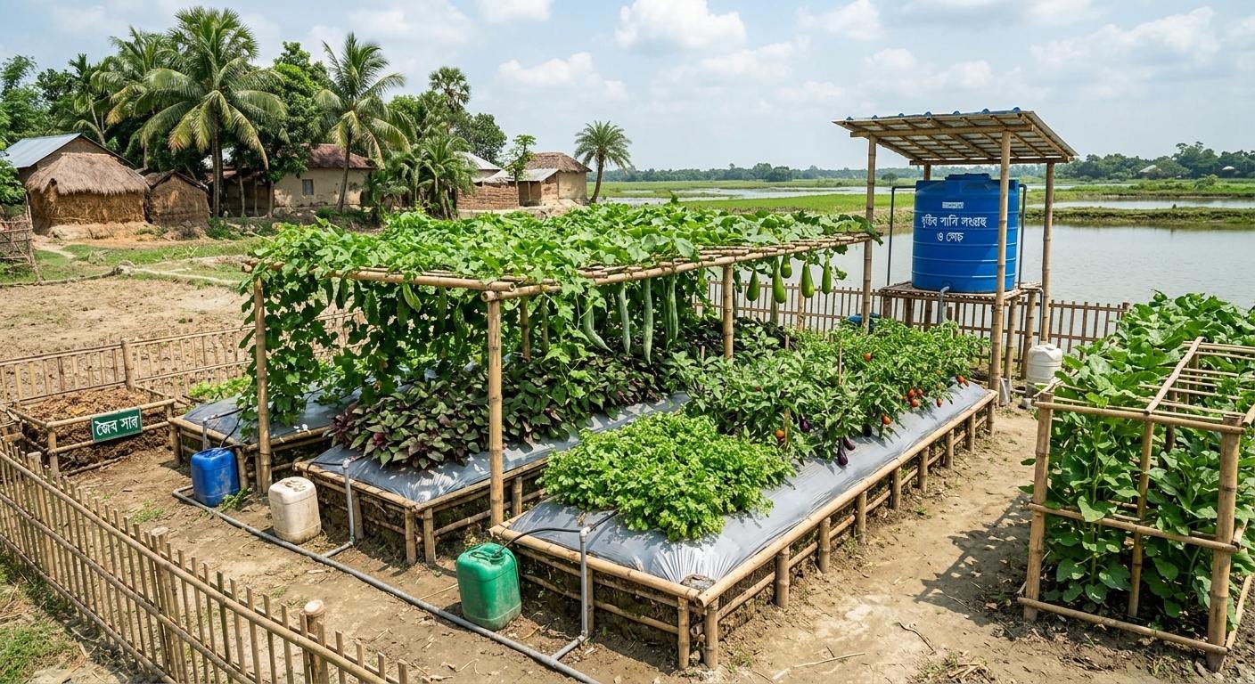 জলবায়ু ঝুঁকিপূর্ণ এলাকায় কম খরচে লাভজনক সবজি চাষের আধুনিক মডেল